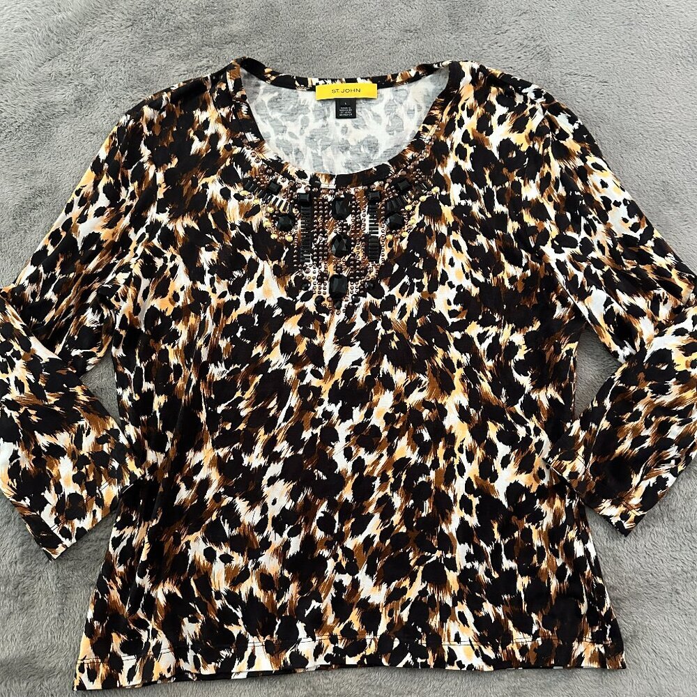 St. John Animal Print Embellished Blouse Shirt Women's LARGE Quiet Luxury